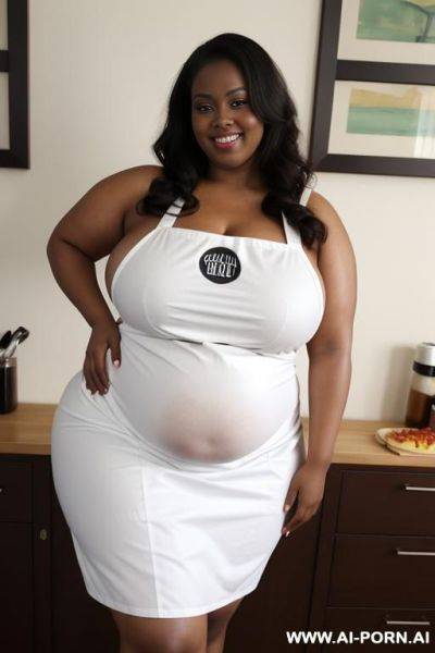 Fattest bbw, huge belly, smirk, extremely pear shaped, humongous hips, very oiled up, massive thighs, very dark, wearing tight apron, domesticated , wide, dark skin, rubbing her big belly, smirking, winking - ai-porn.ai on pornintellect.com