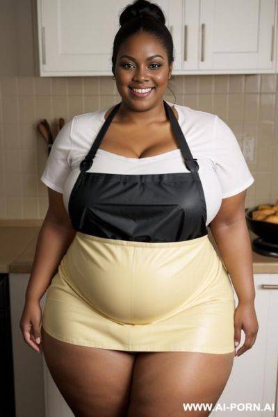 Fattest bbw, huge belly, smirk, extremely pear shaped, humongous hips, very oiled up, massive thighs, very dark, wearing tight apron, domesticated , wide, dark skin, making dinner - ai-porn.ai on pornintellect.com