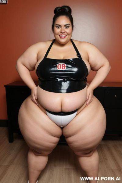 Fattest bbw, huge belly, smirk, extremely pear shaped, humongous hips, very oiled up, massive thighs, very dark, wearing tight apron, domesticated , wide, dark skin, rubbing hands on her big belly, smirking, winking - ai-porn.ai on pornintellect.com