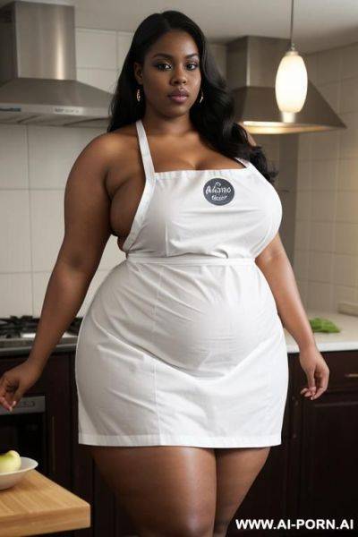 Fattest bbw, extremely pear shaped, humongous hips, very oiled up, massive thighs, very dark, wearing tight apron, domesticated , wide, dark skin, making dinner - ai-porn.ai on pornintellect.com