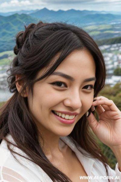 Highly expressive. tanned japanese. long, wavy chignon, gradient-brunette hair. close-up in decent clothes. she is natural. real-life sei-ra sodes-hiro! it seems as if she draws me closer.in new-zeland. at the mountain-top. - ai-porn.ai - Japan on pornintellect.com
