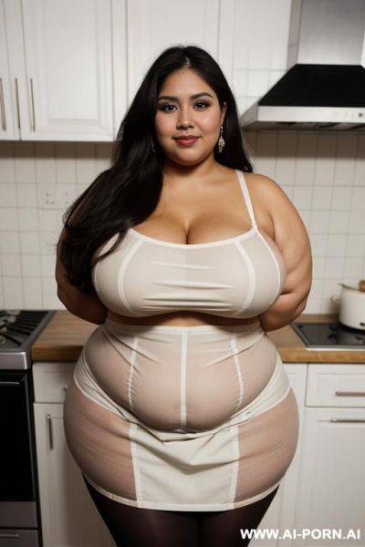 Very rotund, super obese, pear shaped, bbw, massive hips, giant thighs, chubby face and arms, tan, chola, domesticated, homemaker, wearing covering tight apron, extremely big belly, long hair - ai-porn.ai on pornintellect.com