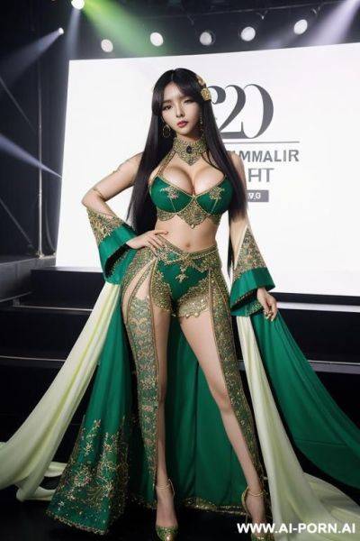 Beautiful malay woman, k-pop star, wearing performance outfit, fully dressed in fancy clothes, long legs, white skin, long hair, performer, photo realistic, very detailed realistic face, wearing green - ai-porn.ai on pornintellect.com