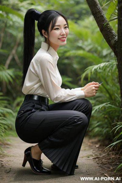 Chinese woman 20 years old shirt pleated pants ponytail squatting to ground in underbrush, smile, side-view - ai-porn.ai - China on pornintellect.com