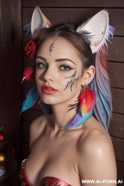 Face, sexy, beautiful, ((face painting)), ((bikini as seashell)), ((tattoo roses)), ((eyes shw)), ((angel wings)), ((rainbow hair)), ((long bu hair)), ((wind)), (( cat face)), (( cat ears)), (((feather - ai-porn.ai on pornintellect.com