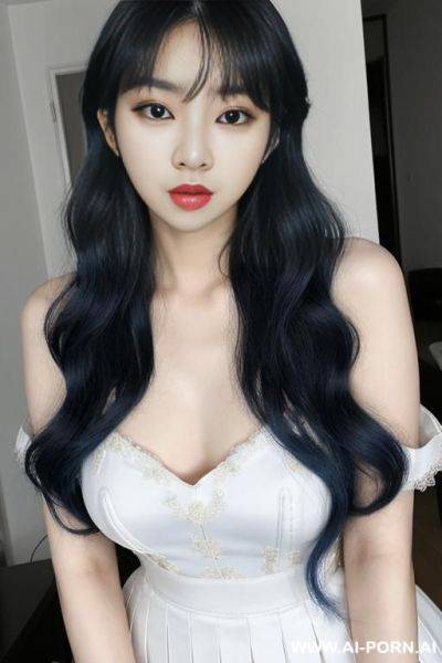 Stunning k-pop star, beautiful korean woman, very white skin, large perky breasts, long white wavy hair, long hair, big blue eyes, pretty lips, sexy make up, delicate body, curvy hips, huge - ai-porn.ai - North Korea on pornintellect.com