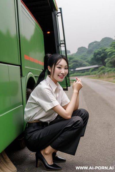 Chinese woman 20 years old shirt pleated pants ponytail squatting to ground in undergrowth behind trucks, smile, side-view - ai-porn.ai - China on pornintellect.com