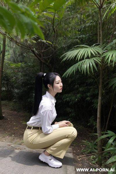 Chinese woman 20 years old shirt pleated pants ponytail squatting to ground in underbrush, side-view - ai-porn.ai - China on pornintellect.com