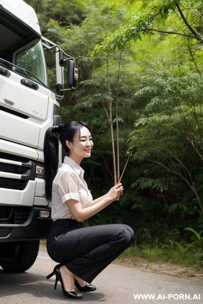 Chinese woman 20 years old shirt pleated pants ponytail squatting to ground in underbrush behind trucks, smile, side-view - ai-porn.ai - China on pornintellect.com