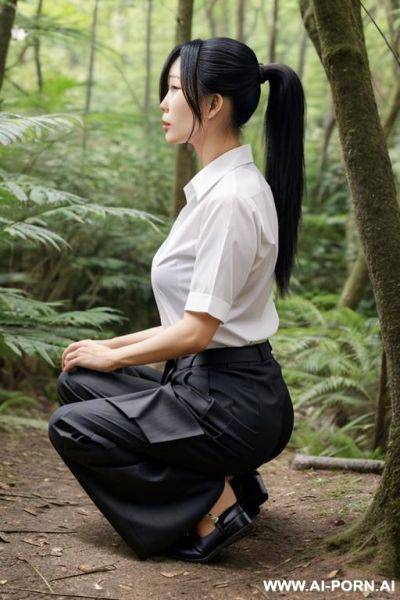 Japanese woman, shirt pleated pants ponytail squatting to ground in underbrush, side-view - ai-porn.ai - Japan on pornintellect.com
