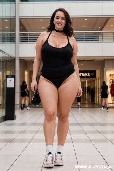 Nude curvy 30-year-old standing at mall naked in sneakers, socks, choker with leash attached, brunette, smiling, full body view with sneakers in frame. - ai-porn.ai on pornintellect.com