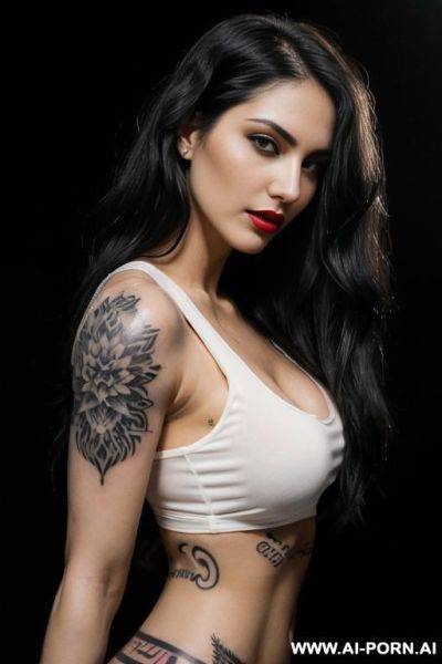 (long wavy hair) (soft black hair) (makeup) (smokey eyes) (red lips) (ideal facial ratios) (loose fitting white tank top) (see-through top) (athletic body) (large tattoo) (natural boobs) (erotic) - ai-porn.ai on pornintellect.com