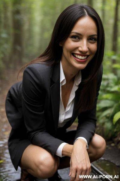 Italian, tanned, long hair, blazer, shirt, squatting over puddle in messy underbrush, legs open, pussy - ai-porn.ai - Italy on pornintellect.com