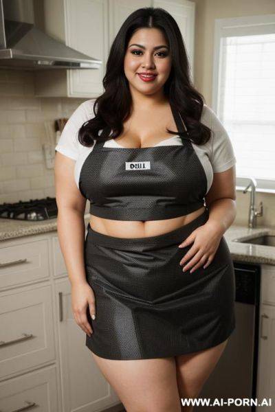 Very fat, pear shaped, supermodel, wearing tight apron, big belly, , mexican, chola, chicana, shorts, wide hips, heavy makeup, extra thicc, chubby, long hair, massive butt, wearing tight apron, homemaker, housewife - ai-porn.ai - Mexico on pornintellect.com