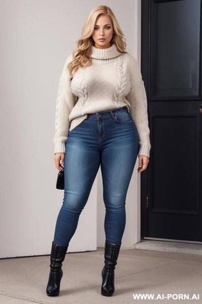 Nerdy woman with thick thighs, big ass, tits, jeans, boots, sweater, full body photo, photorealism, blonde, standing - ai-porn.ai on pornintellect.com