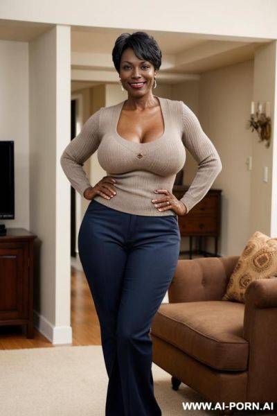 Sexy mature face, full big lips, high cheek bones, sensual older woman, (tight body), (firm thighs), beautiful skin, mature milf face, middle aged. in living room, standing straight, - ai-porn.ai on pornintellect.com