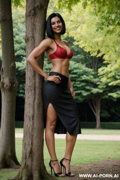 Indian, short hair, fit, abs, muscular arms, big ass, tall, long legs, navel piercing, red bra, red pleat skirt, looking at camera, full body, stiletto, leaning against tree, side view - ai-porn.ai - India on pornintellect.com