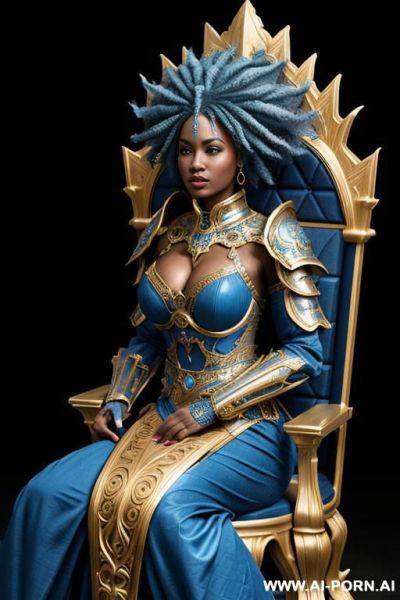 Galactic empress, detailed high quality ultra realistic ornate battle armor, blue hair, sitting on throne, afro - ai-porn.ai on pornintellect.com