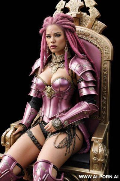 Galactic empress, detailed high quality ultra realistic ornate battle armor, pink hair, sitting on throne, dreadlocks, angry face - ai-porn.ai on pornintellect.com
