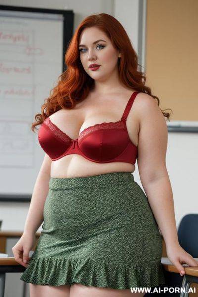 Close up full body photo shot, about at classroom, obese chubby fat bbw curvy teacher, wearing a sexy and hot micro red ruffle skirt and cup-less bra, teaching to the classroom. - ai-porn.ai on pornintellect.com