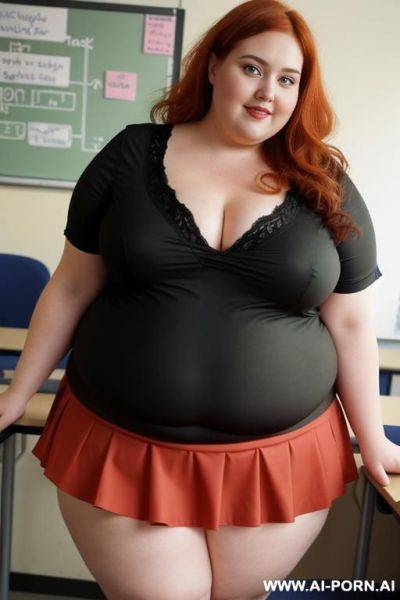 Close up full body photo shot, about at classroom, chubby obese fat bbw curvy teacher, wearing a sexy and hot micro red ruffle skirt and micro top, teaching to the classroom. - ai-porn.ai on pornintellect.com