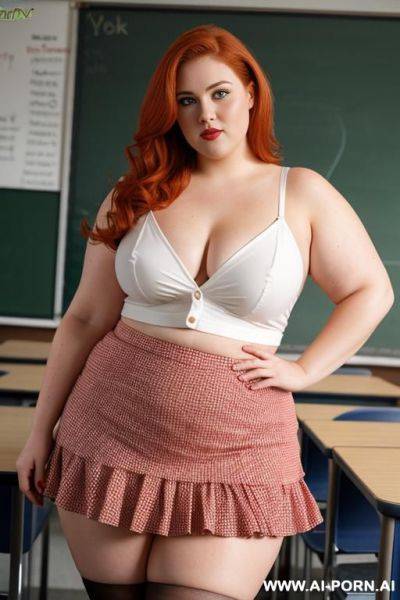 Close up full body photo shot, about at classroom, chubby fat bbw curvy teacher, wearing a sexy and hot micro red ruffle skirt and micro top, teaching to the classroom. - ai-porn.ai on pornintellect.com