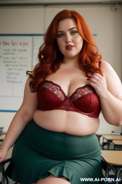 Close up full body photo shot, about at classroom, obese chubby fat bbw curvy teacher, wearing a sexy and hot micro red ruffle skirt and caged bra, teaching to the classroom. - ai-porn.ai on pornintellect.com