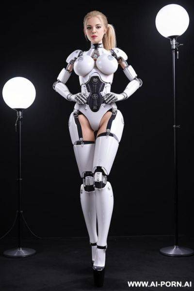 Robot, white, front view, full-body view, standing, hands on hips, looking at the viewer, seductive face, beautiful, blonde hair, ponytail, blue eyes, wide jaw, (fully robotic body, huge robotic - ai-porn.ai on pornintellect.com