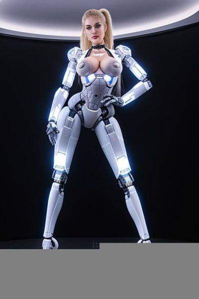 Robot, white, front view, full-body view, standing, hands on hips, looking at the viewer, seductive face, beautiful, blonde hair, ponytail, blue eyes, wide jaw, fully robotic body, fit, (huge - ai-porn.ai on pornintellect.com