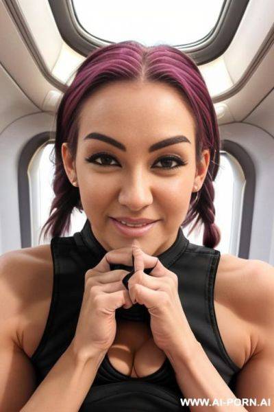 Goth, muscular, purple messy hair, tattoos, piercings, large boobs, piercings, abs, flexing, dominant, naked, asian, topless, gym, full body shot, your body will be naked - ai-porn.ai on pornintellect.com