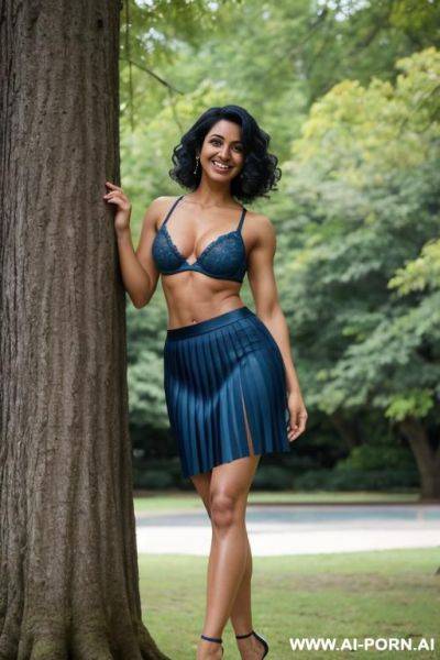 Indian, short hair, fit, abs, muscular arms, big ass, tall, long legs, navel piercing, blue bra, blue pleat skirt, looking at camera, full body, stiletto, leaning against tree, side view - ai-porn.ai - India on pornintellect.com