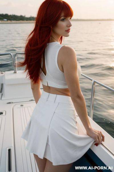 33 yer old woman, red hair, bangs hairstyle, long hair, wearing extreme short nis skirt, white skirt, standing on a sailboat, from behind, sunset, microskirt, - ai-porn.ai on pornintellect.com