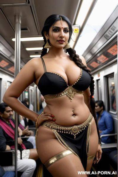 Indian woman, busty, gigantic boobs, huge tits, belly dancer outfit, skimpy clothes, crowded train, in public - ai-porn.ai - India on pornintellect.com