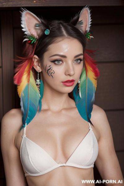 Face, sexy, beautiful, ((face painting)), ((bikini as seashell)), ((tattoo roses)), ((eyes shw)), ((angel wings)), ((rainbow hair)), ((long bu hair)), ((wind)), (( cat face)), (( cat ears)), (((feather - ai-porn.ai on pornintellect.com