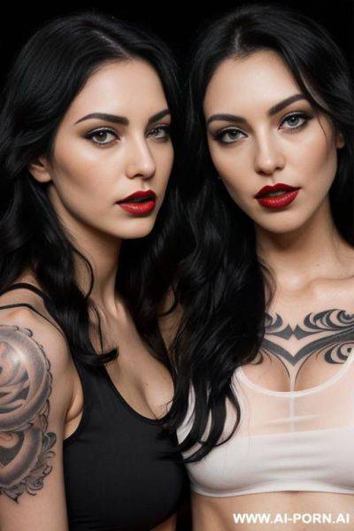 ((2 women kissing and hugging)) (long wavy hair) (soft black hair) (makeup) (smokey eyes) (red lips) (ideal facial ratios) (loose fitting white tank top) (see-through top) (athletic body) (large - ai-porn.ai on pornintellect.com