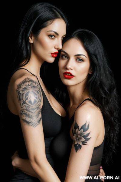 ((2 women hugging)) ((looking at each other)) (long wavy hair) (soft black hair) (makeup) (smokey eyes) (red lips) (ideal facial ratios) (loose fitting white tank top) (see-through top) (athletic - ai-porn.ai on pornintellect.com