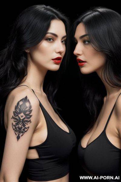 ((2 women )) ((looking at each other)) (long wavy hair) (soft black hair) (makeup) (red lips) (ideal facial ratios) (loose fitting white tank top) (see-through top) (athletic body) (large tattoo) - ai-porn.ai on pornintellect.com