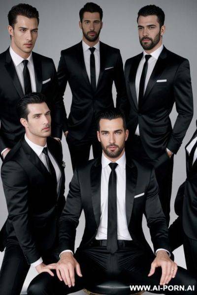 Group of men dressed in black satin shirts and ties, ejaculate on the tie of a man in the middle who is dressed the same - ai-porn.ai on pornintellect.com