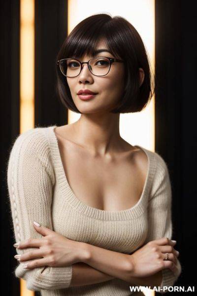 Cute asian woman, nerdy, pixie like face, glasses, enormous fake breasts, super tight blouse - ai-porn.ai on pornintellect.com