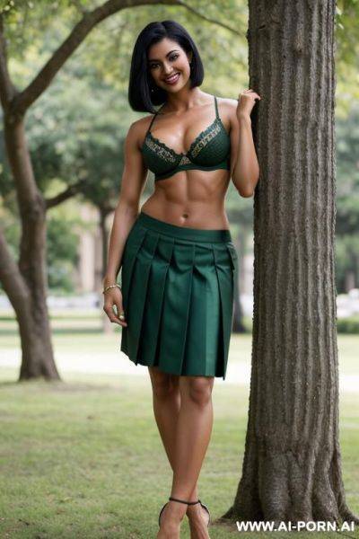 Indian, short hair, fit, abs, muscular arms, big ass, tall, long legs, navel piercing, green bra, green pleat skirt, looking at camera, full body, stiletto, leaning against tree - ai-porn.ai - India on pornintellect.com