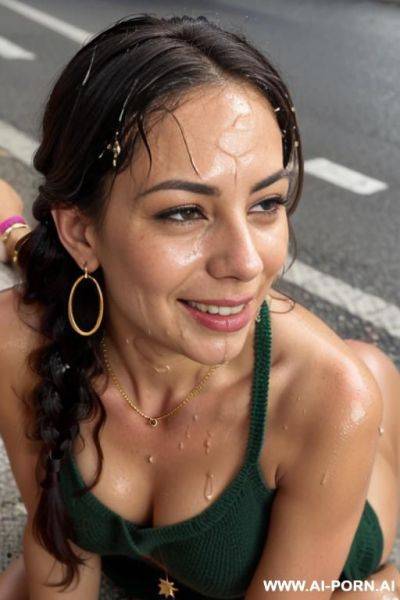 2 italian woman, laying in the street, ((laughing)), (gold necklace bracelets and rings, hoop earrings), ((seductive smirk)), eyes contact, brown braided hair, green sweater, ((wet )) - ai-porn.ai - Italy on pornintellect.com