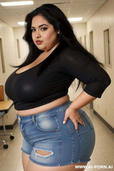 Mexican, eating pizza, pear shaped figure, supermodel, long hair, chola style, blue jean shorts, rotund bbw, massive hips - ai-porn.ai - Mexico on pornintellect.com