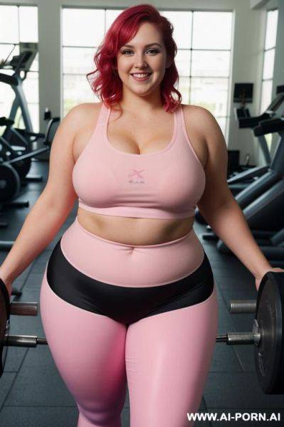 Half body photo shot close up, about at gym, obese fat bbw curvy, wearing a sexy and hot magenta leggins gym and top. - ai-porn.ai on pornintellect.com
