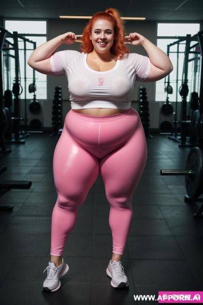 Full body photo shot, about at gym, obese fat bbw curvy woman, wearing a sexy and hot magenta leggins gym and top. - ai-porn.ai on pornintellect.com
