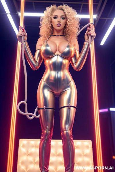 Robot, front view, full-body view, standing, hands on hips, looking at the viewer, seductive face, beautiful, curly blonde hair, (fully metallic athletic body, huge metallic tits, cables connected to chest:1.1), ultra-high platform stripper stilettos - ai-porn.ai on pornintellect.com