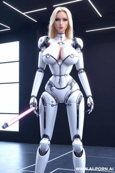 Robot, front view, full-body view, standing, hands on hips, looking at the viewer, seductive face, beautiful, blonde hair, (fully robotic athletic body, huge robotic tits:1.1), ultra-high platform stripper stilettos - ai-porn.ai on pornintellect.com