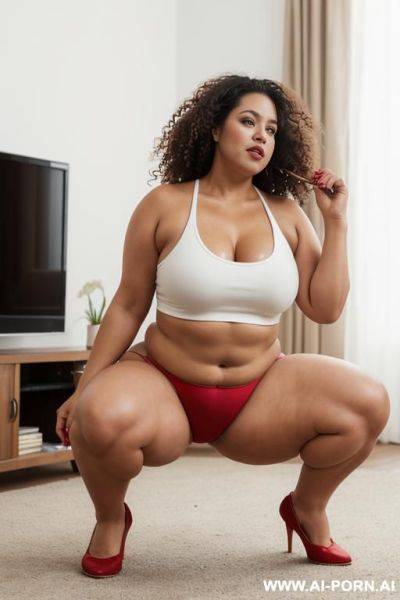 Mature chubby woman, 0 years old, full body, squatting, triangular hips, thick thighs, wearing red thong, white tank top, long brown curly hair, legs open, living room in front of the television - ai-porn.ai on pornintellect.com