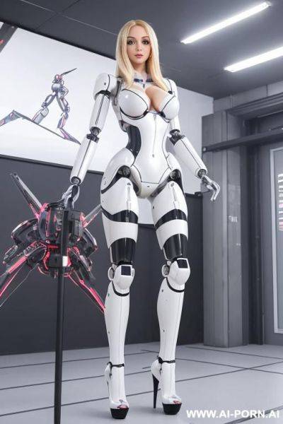 Robot, front view, full-body view, standing, hands on hips, looking at the viewer, seductive face, beautiful, straight blonde hair, (tight shapely robotic body, huge robotic tits, open chest panel - ai-porn.ai on pornintellect.com
