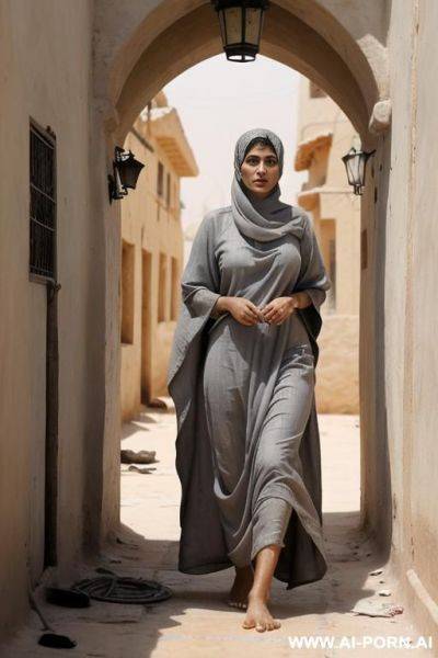 Barefoot arabian women wearing grey loincloths working in sewers as convicts - ai-porn.ai on pornintellect.com