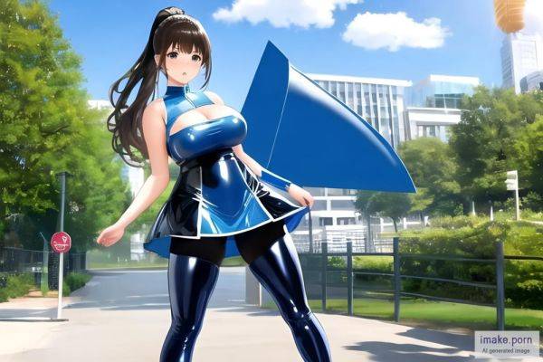 Blue tights latex dress , ponytail hair brunette, fake big... - imake.porn on pornintellect.com